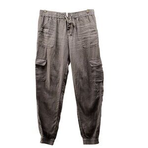Nicole Miller 100% Linen Cargo Jogger Pants Womens S Gray Drawstring